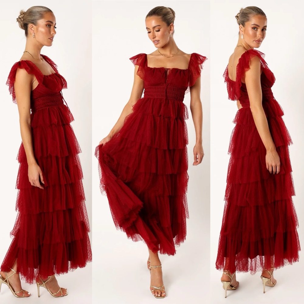 Petal & Pup Belle Burgundy Polka Dot Tulle Tiered Maxi Dress
